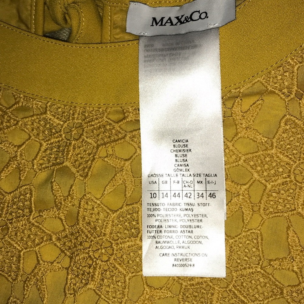 Italian Max & Co. Mustard Lace Blouse New, Never Worn Sign 10 lined, reversible - Picture 7 of 9